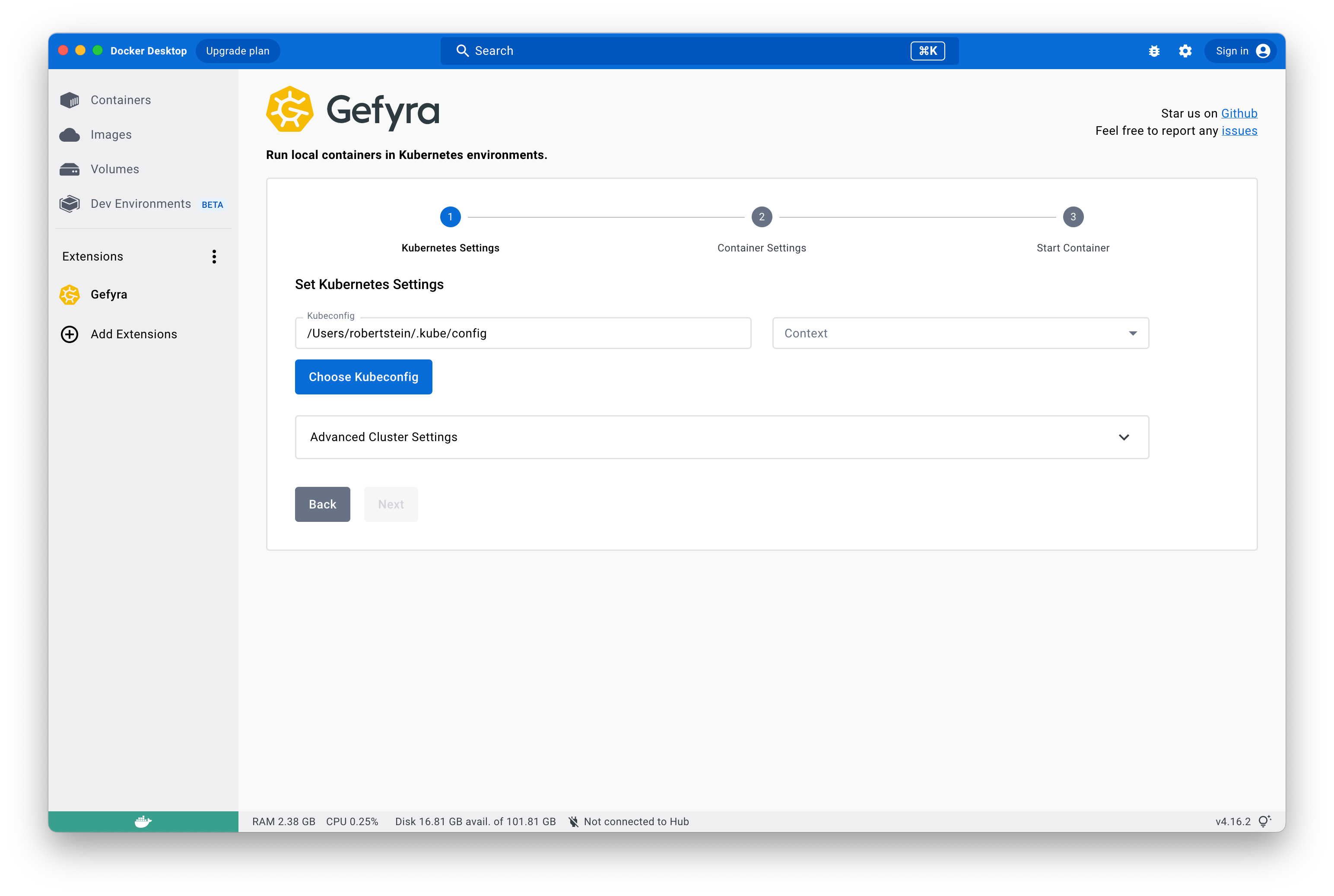 Docker Desktop Extension Cluster Settings