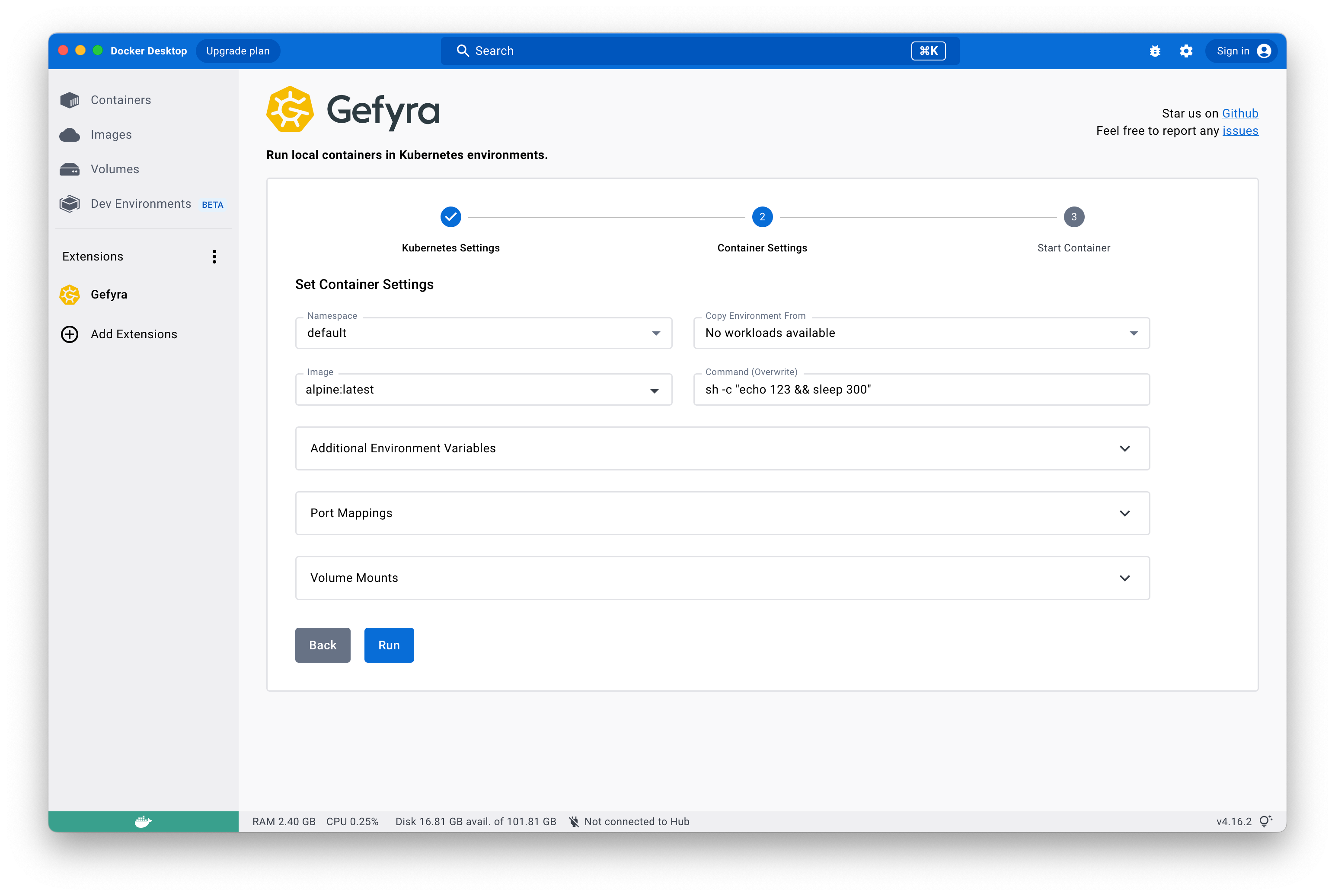 Docker Desktop Extension Container Settings